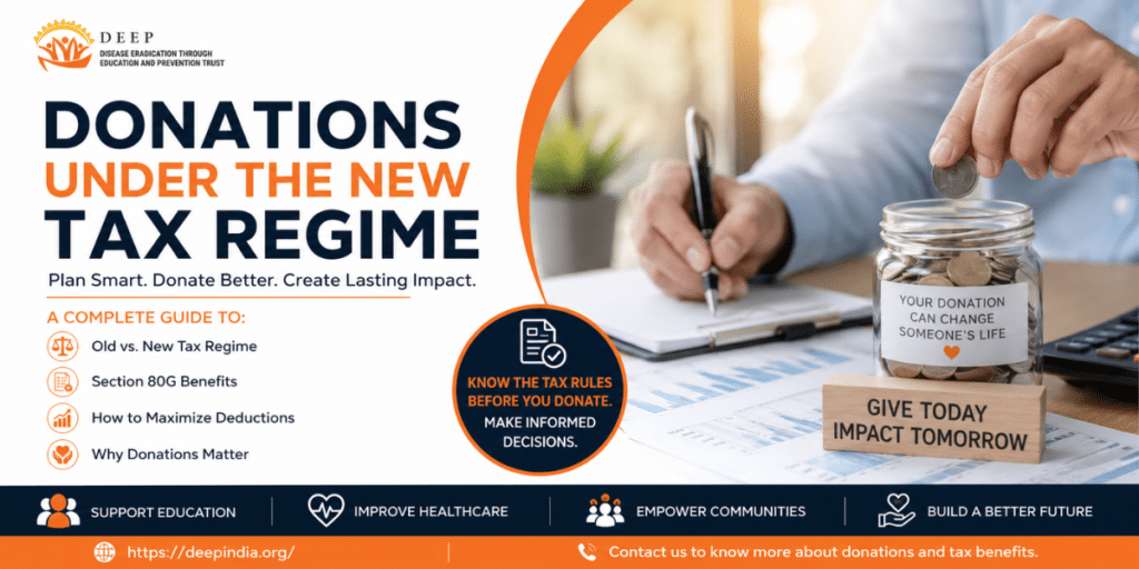 Person planning charitable donations under the new tax regime with tax documents and donation planning guide