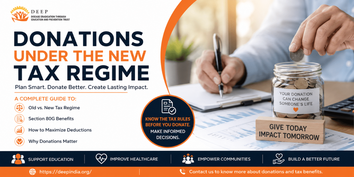 Person planning charitable donations under the new tax regime with tax documents and donation planning guide